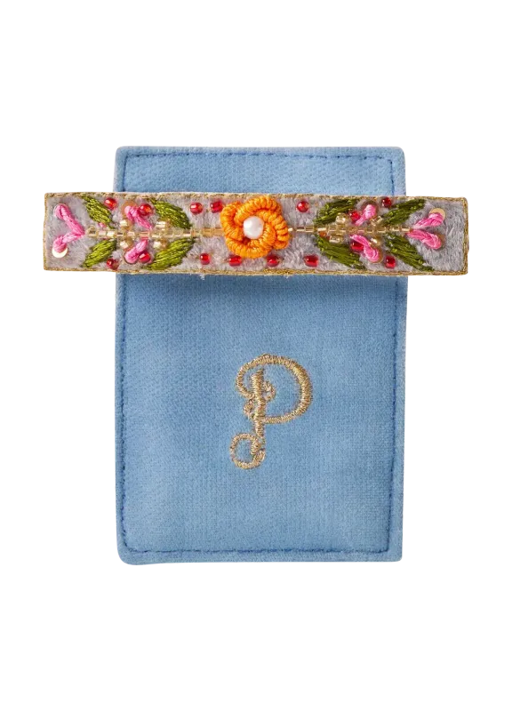 Powder Embroidered Barette Denim Floral Vine