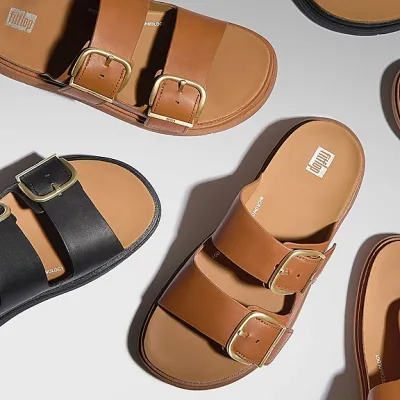 FitFlop Gen-FF Buckle Two Bar Leather Slides FitFlop Gen-FF Buckle Two Bar Leather Slides