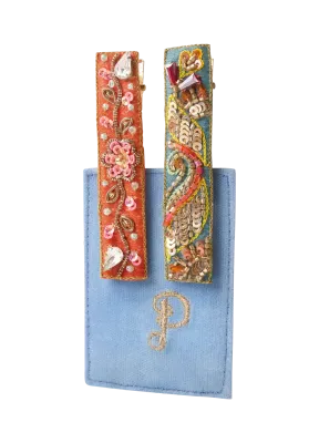 Powder Embroidered Hair Bars Tangerine Floral Vines/Teal