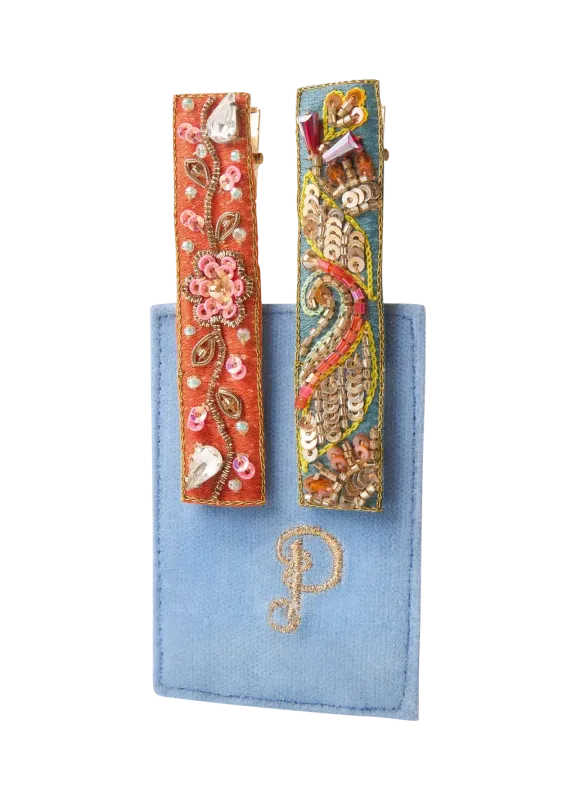 Powder Embroidered Hair Bars Tangerine Floral Vines/Teal