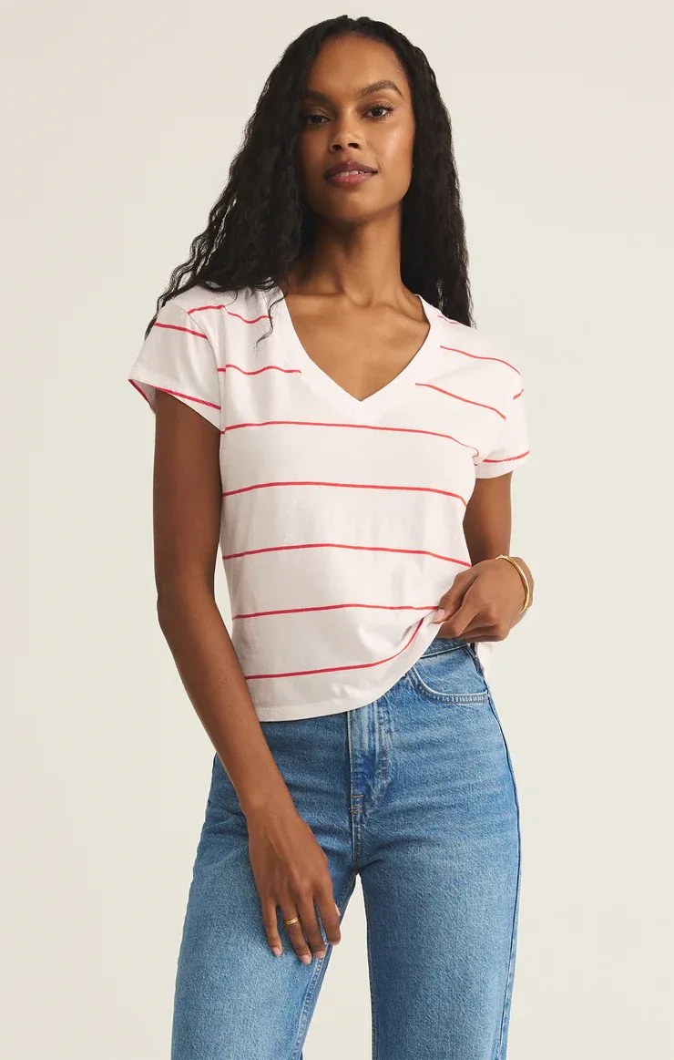 Z Supply Striped Modern VNeck Tee Red Hot
