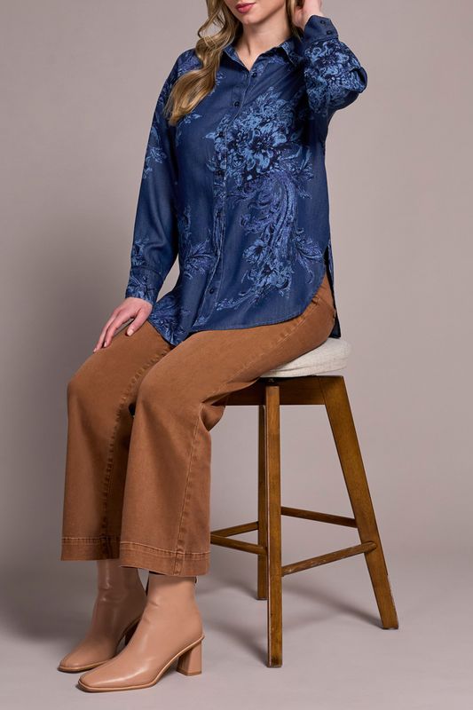 Tribal Printed Loose Fit Chambray Blouse