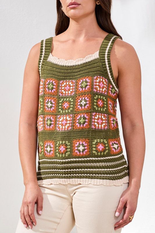 Tribal Crochet Detail Sweater Cami Rain Forest