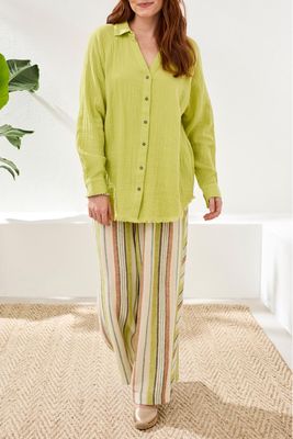 Tribal Raglan Sleeve Gauze Shirt Green Banana