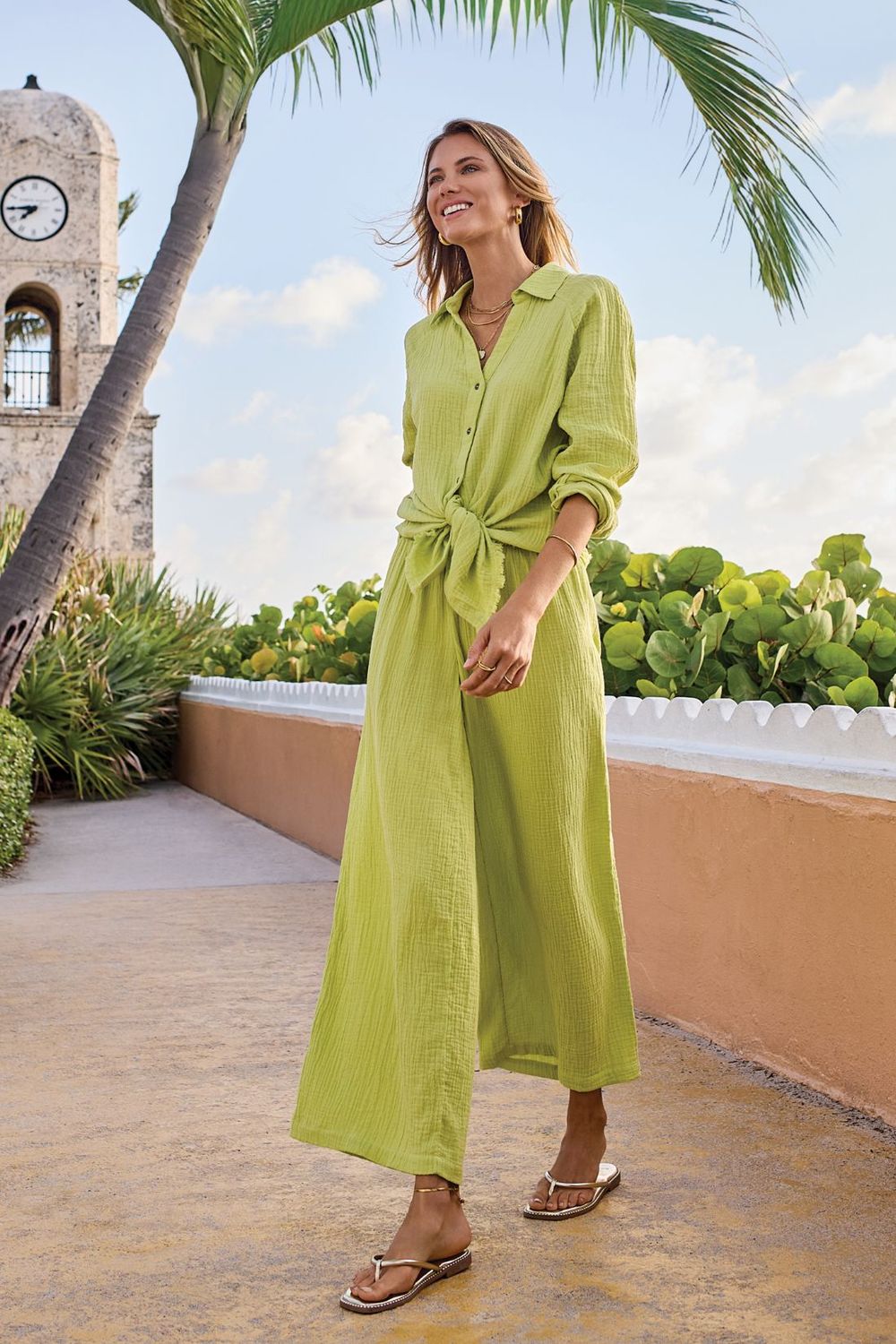 Tribal Raglan Sleeve Gauze Shirt Green Banana