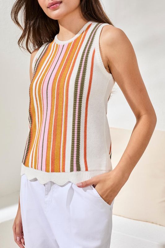 Tribal Crew Neck Sleeveless Sweater Eggshell Multi