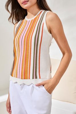 Tribal Crew Neck Sleeveless Sweater Eggshell Multi