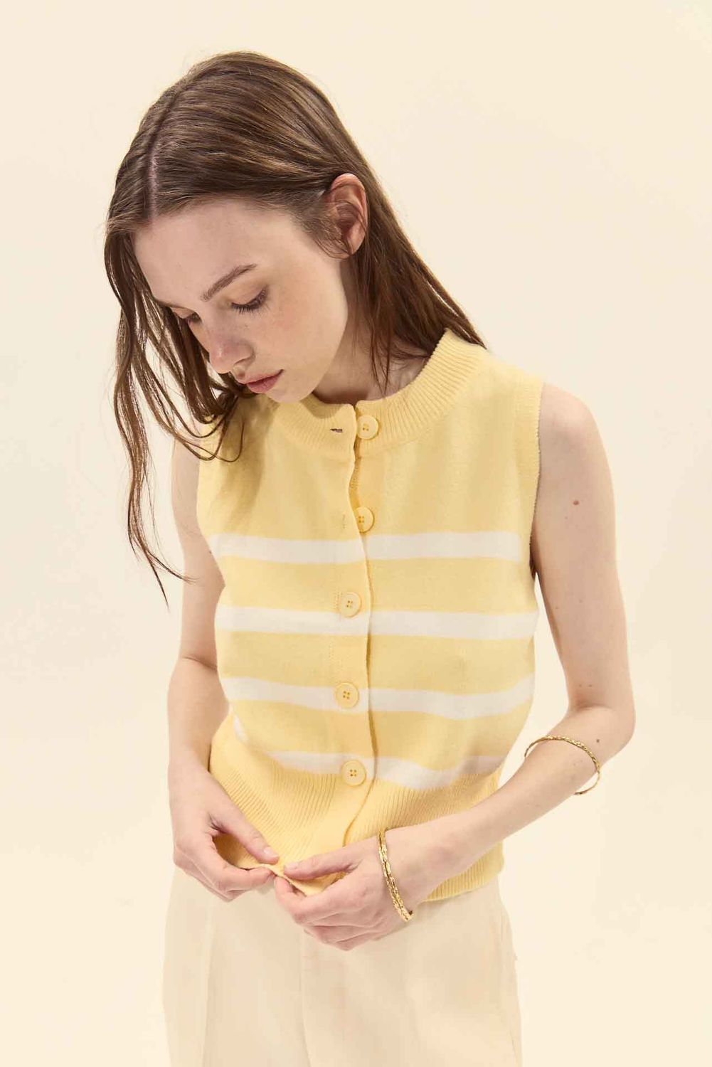 Deluc Mykonos Knit Vest Deep Butter Ecru Stripes