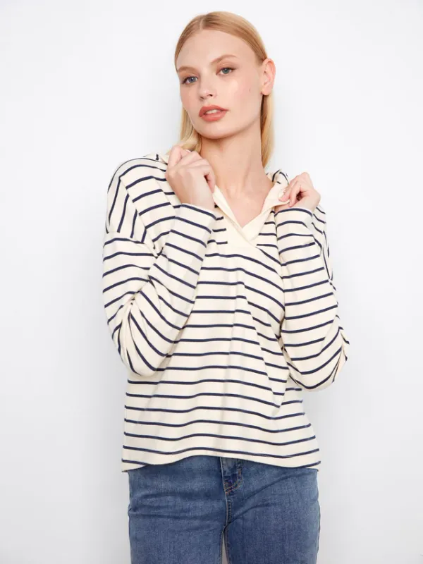 Charlie B V-Neck Striped Hoodie with High Low Charlie B V-Neck Striped Hoodie with High Low