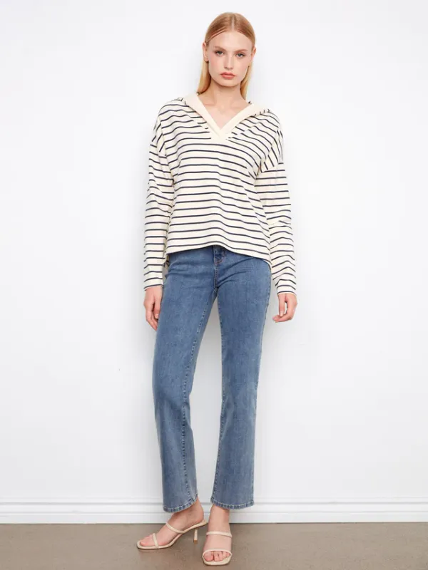 Charlie B V-Neck Striped Hoodie with High Low