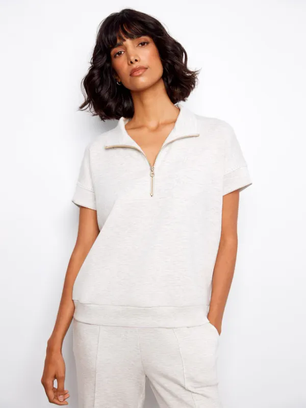 Charlie B Short Sleeve Half Zip Blanket Stitch