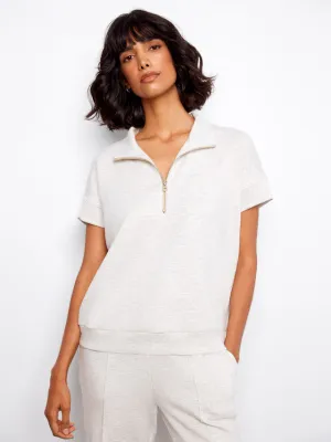 Charlie B Short Sleeve Half Zip Blanket Stitch