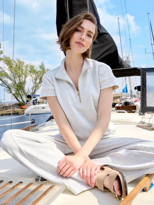 Charlie B Short Sleeve Half Zip Blanket Stitch