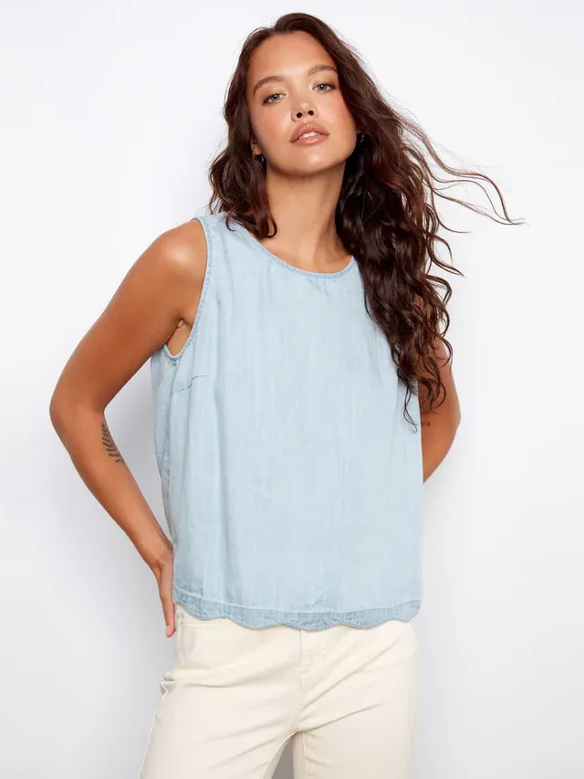 Charlie B Scallop Hem Sleeveless Top Light Blue