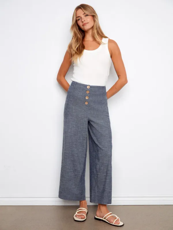 Charlie B Stretch Linen Wide Leg Pant Indigo