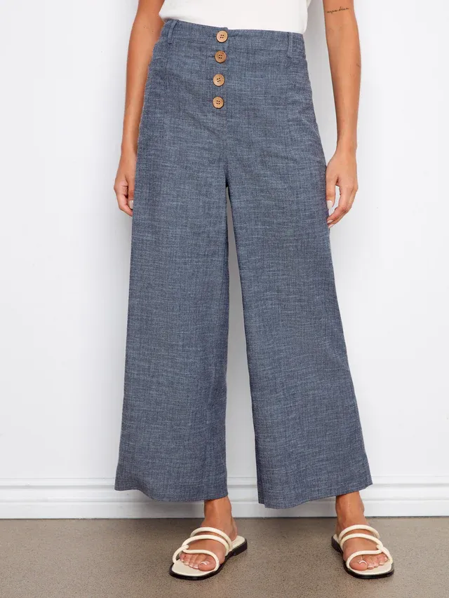 Charlie B Stretch Linen Wide Leg Pant Indigo