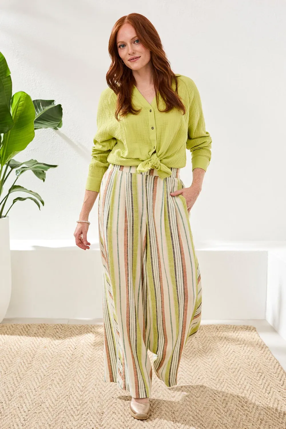 Tribal Pull On Stripe Flowy Pant Kiwi Zest