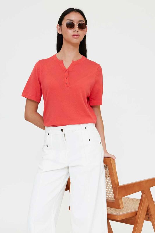 Wild Pony Henley Coral Top