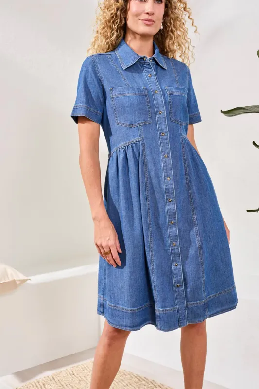 Tribal Button Down Denim Flowy Dress Fjord Blue