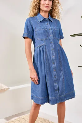 Tribal Button Down Denim Flowy Dress Fjord Blue