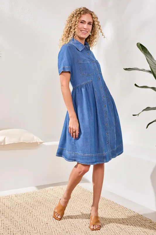 Tribal Button Down Denim Flowy Dress Fjord Blue