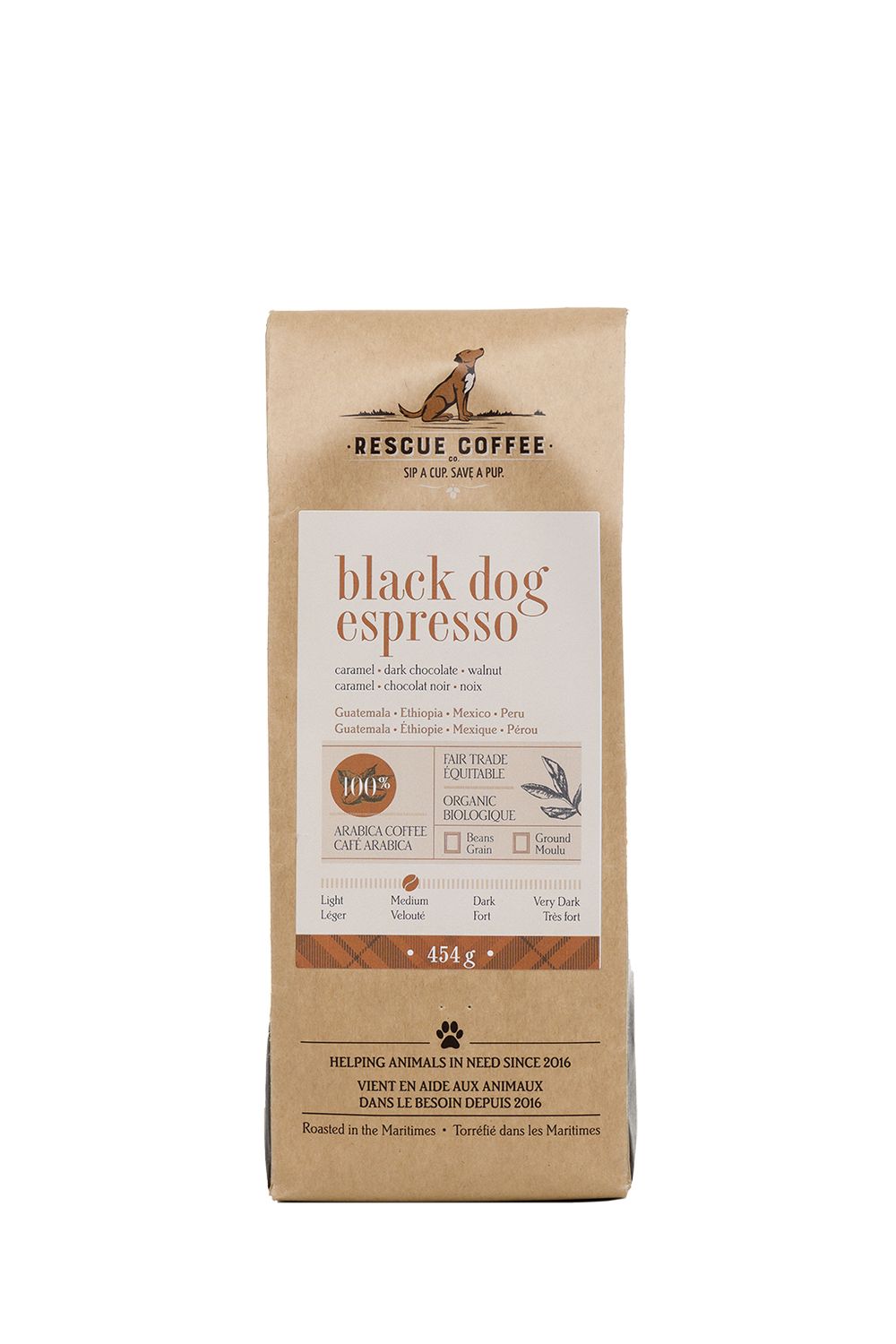 Rescue Coffee Black Dog Espresso Medium Roast 1lb Bag Whole Bean