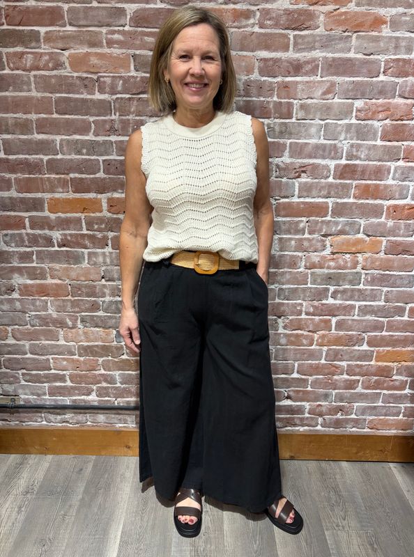 Me & Gee High Waist Linen Pant with Belt Black