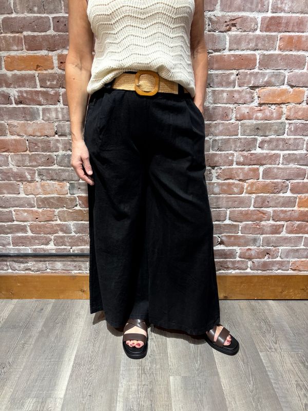 Me &amp; Gee High Waist Linen Pant with Belt Black