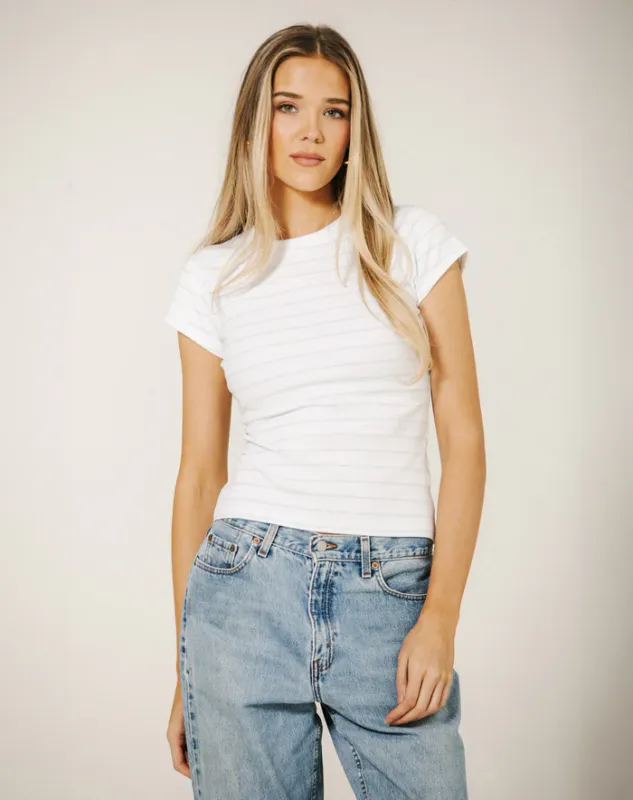 Brunette the Label Ribbed Cap Sleeve Tee Blue Stri