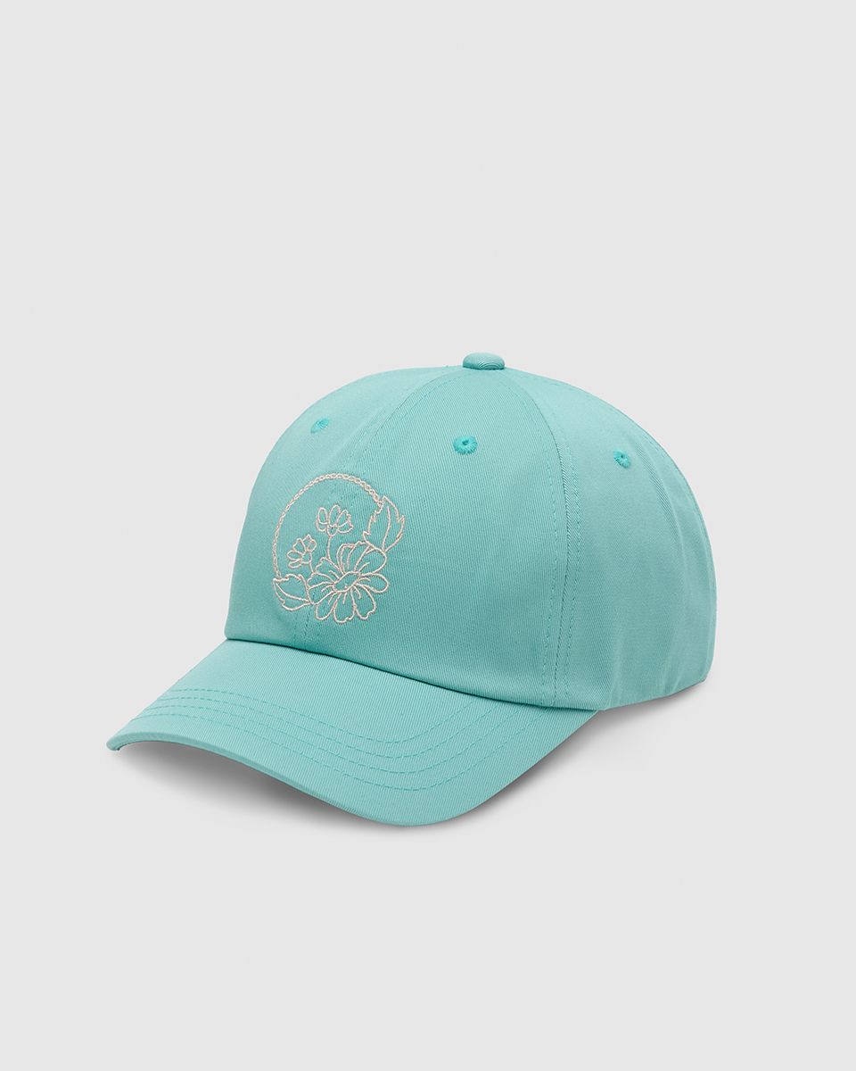 Ten Tree Daisy Embroidered Peak Hat Turquoise Sky/White Oak