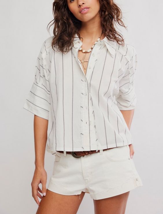 Free People Seaside Cotton Stripe Shirt Ivory Comb