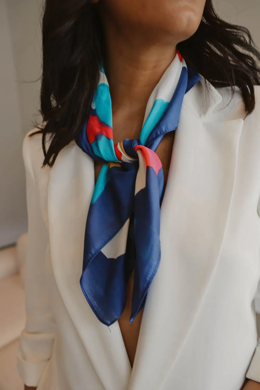 Caracoal Navy Satin Squared Scarf with Flower Print Caracoal Navy Satin Squared Scarf with Flower Print
