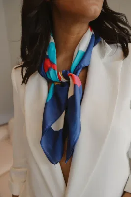Caracoal Navy Satin Squared Scarf with Flower Print Caracoal Navy Satin Squared Scarf with Flower Print