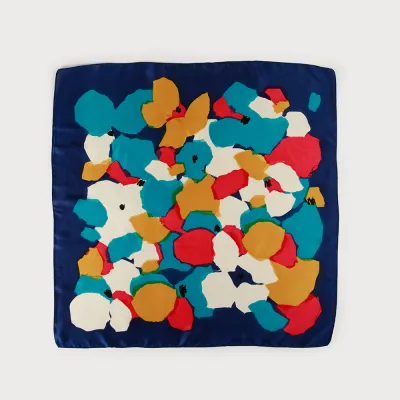 Caracoal Navy Satin Squared Scarf with Flower Print