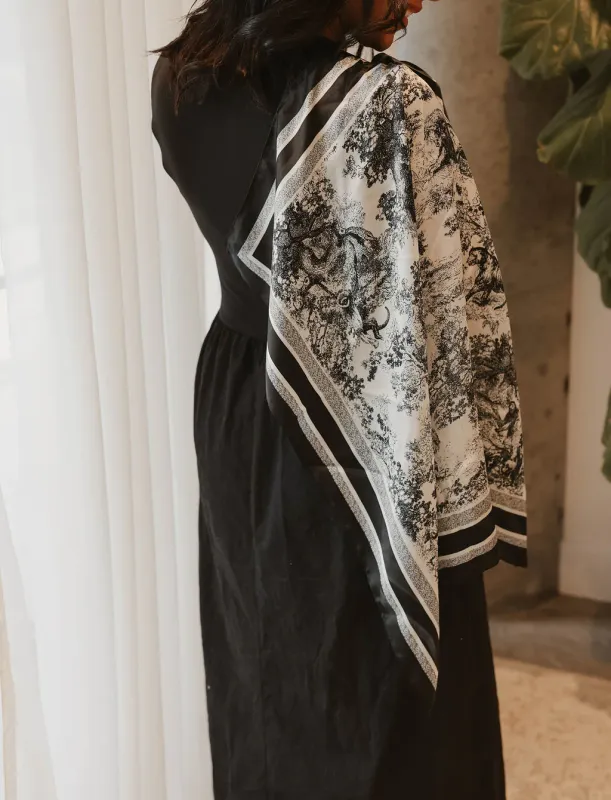 Caracoal Black Satin Squared Scarf with Toile De Jouy