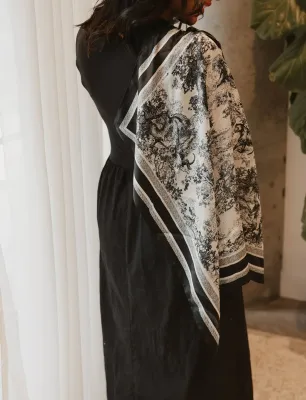 Caracoal Black Satin Squared Scarf with Toile De Jouy