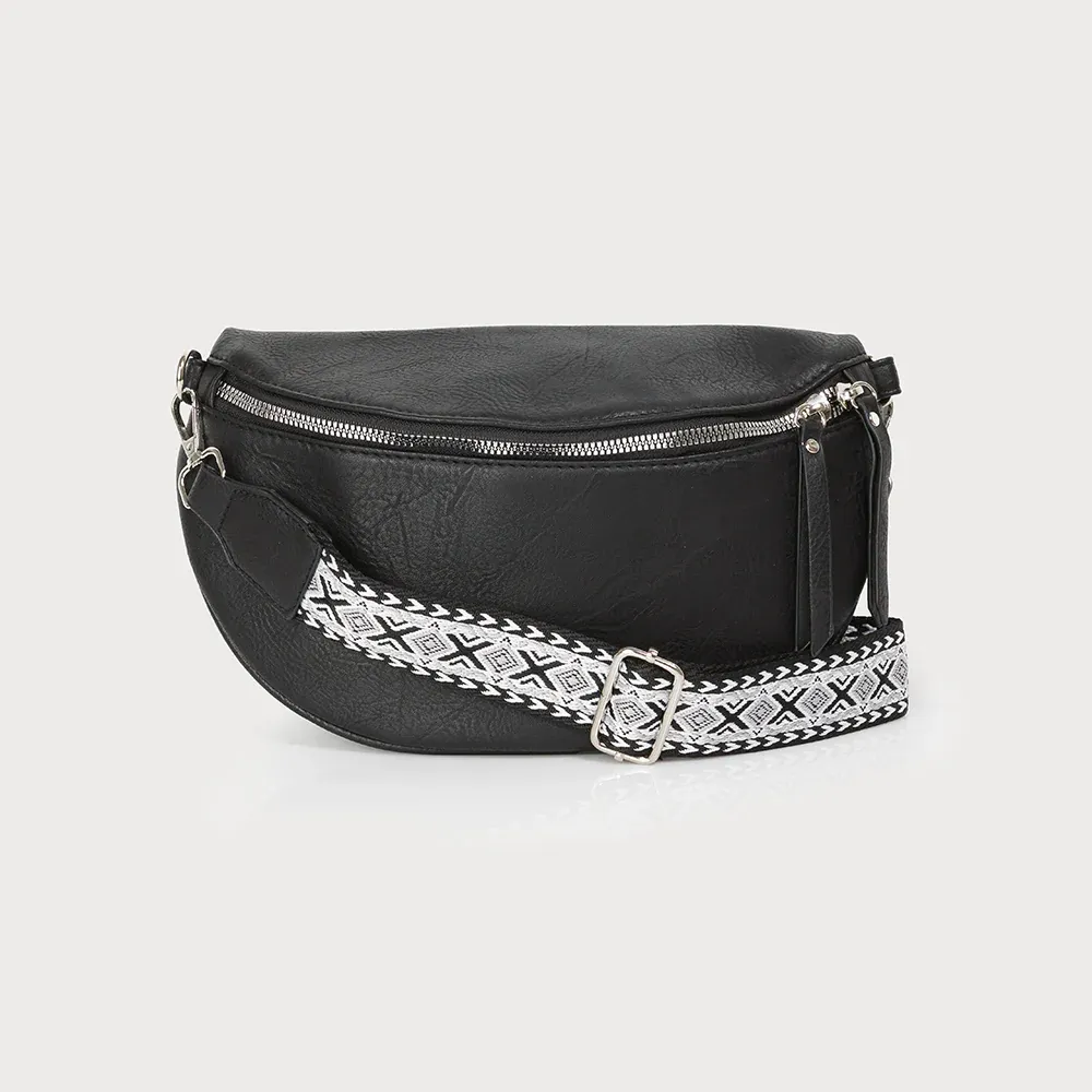 Caracoal Black Leather Semi Circle Belt Bag