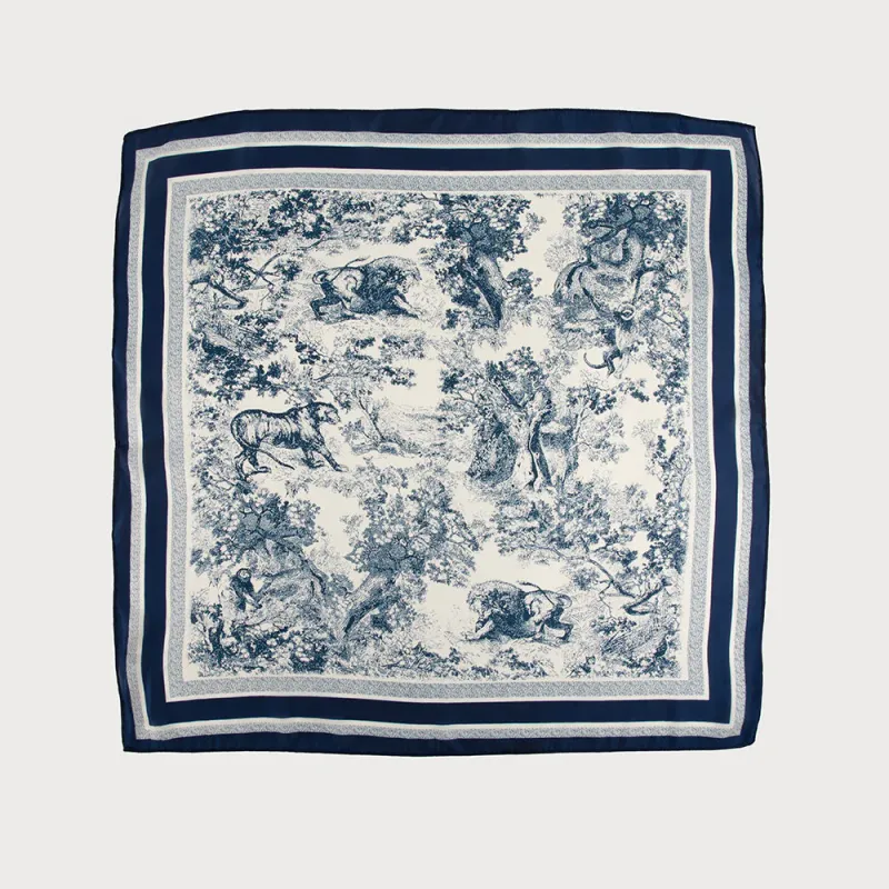 Caracoal Navy Satin Squared Scarf with Toile De Jouy Caracoal Navy Satin Squared Scarf with Toile De Jouy