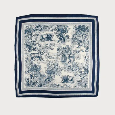 Caracoal Navy Satin Squared Scarf with Toile De Jouy Caracoal Navy Satin Squared Scarf with Toile De Jouy