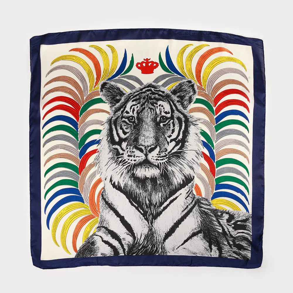Caracoal Navy Satin Squared Scarf with Colorful Lines and Tiger Caracoal Navy Satin Squared Scarf with Colorful Lines and Tiger