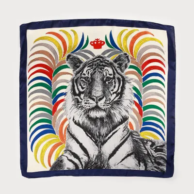 Caracoal Navy Satin Squared Scarf with Colorful Lines and Tiger Caracoal Navy Satin Squared Scarf with Colorful Lines and Tiger