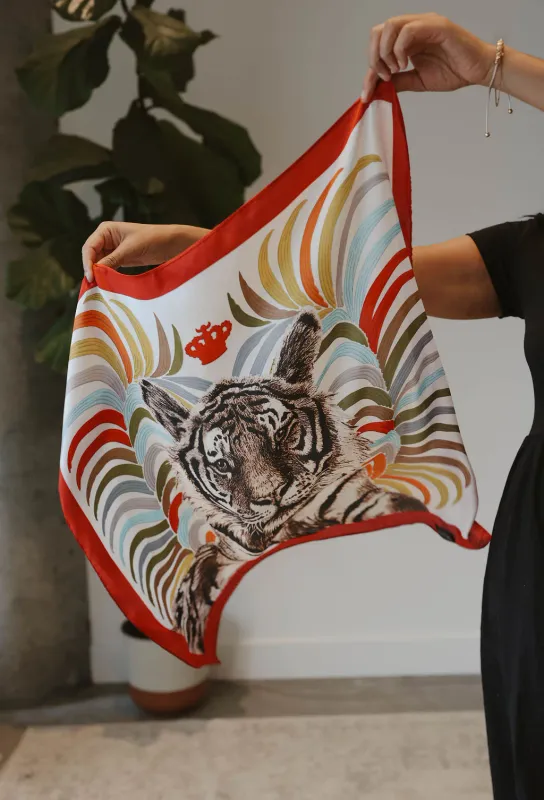Caracoal Red Satin Squared Scarf with Colorful Lines and Tiger Caracoal Red Satin Squared Scarf with Colorful Lines and Tiger