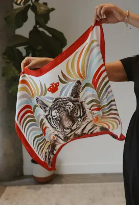 Caracoal Red Satin Squared Scarf with Colorful Lines and Tiger Caracoal Red Satin Squared Scarf with Colorful Lines and Tiger