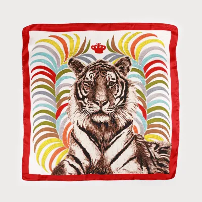 Caracoal Red Satin Squared Scarf with Colorful Lines and Tiger