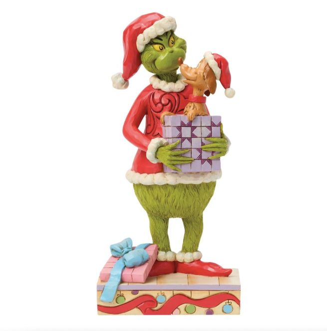Jim Shore Grinch Holding Gift with Max Popping Out Jim Shore Grinch Holding Gift with Max Popping Out