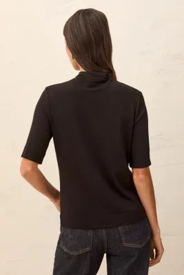 Tribal Black Funnel Neck Elbow Sleeve Knit Top