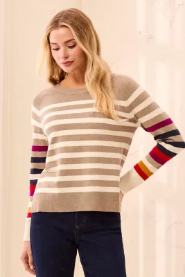 Tribal Fossil Multi Combo Stripe Crew Neck Sweater