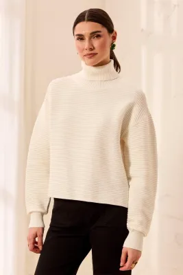 Tribal Cream Turtleneck High Low Sweater
