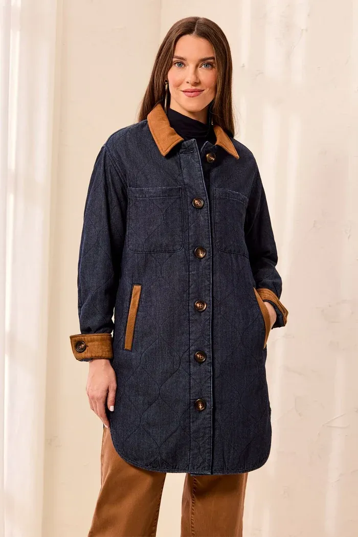 Tribal Quilted Denim Jacket with Suede Collar