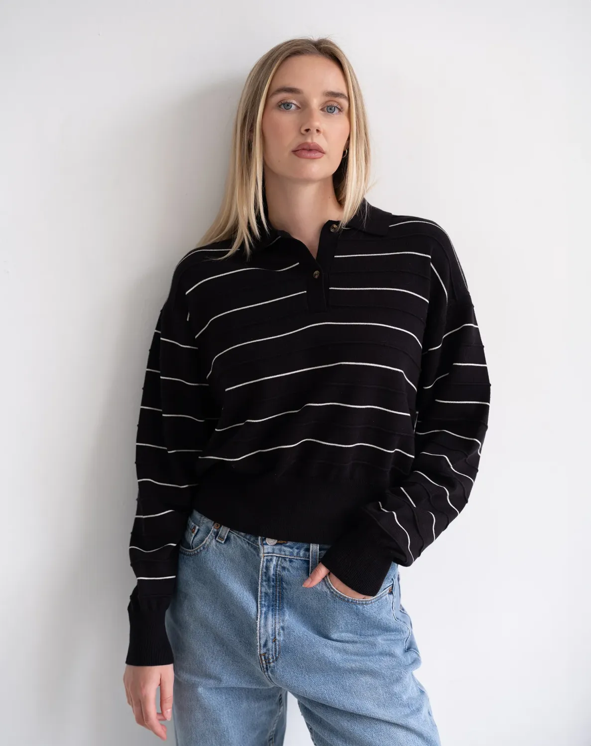 Brunette the Label Knit Polo Shirt Black w/ Cream